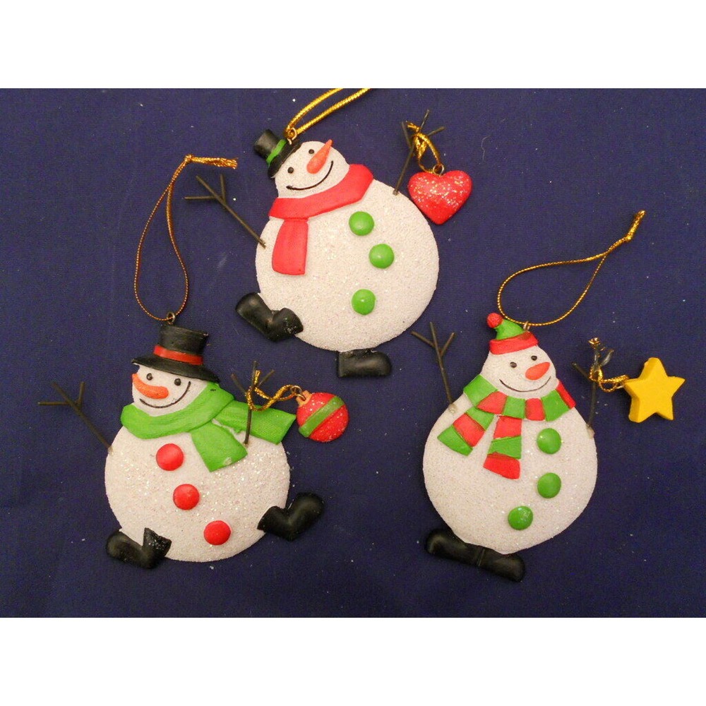 3 SNOWMEN CHRISTMAS ORNAMENTS GLITTER AND SMILES